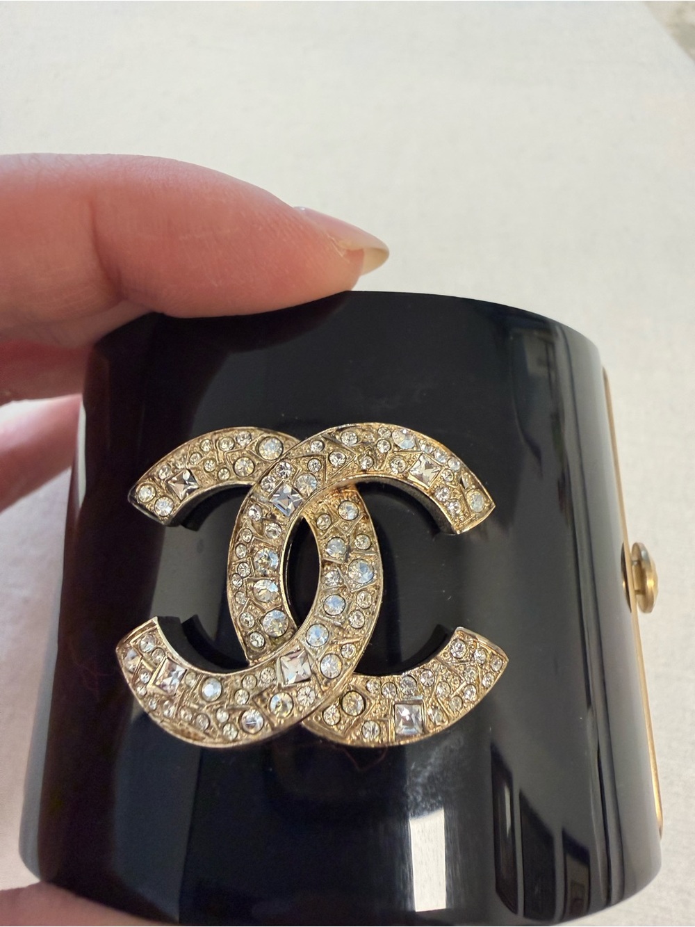 100% Authentic Chanel Crystal-Embellished Black Cuff Bracelet - Picture 12 of 14